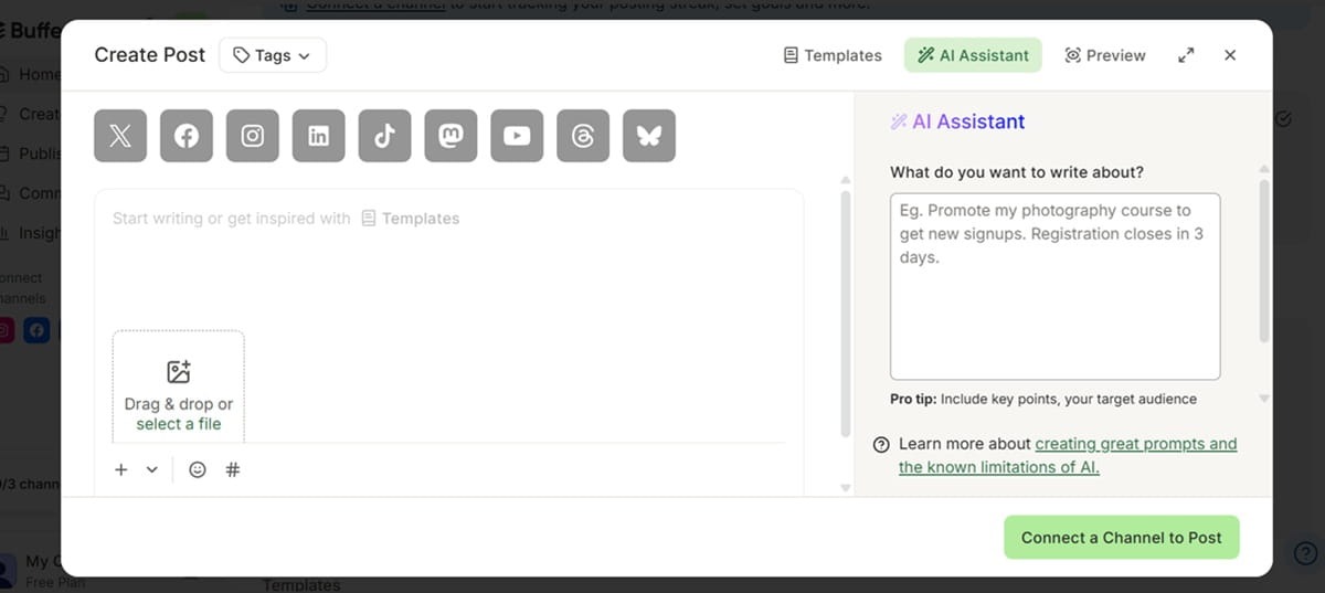 Buffer social media post creator with AI assistant.